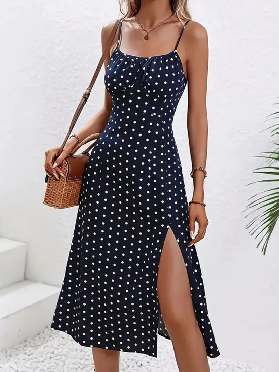 None Dresses & Skirts - NAVY Polka Dot Midi Dress with Side Slit & Spaghetti Straps
